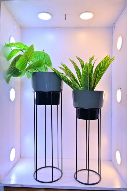 Cylindrical Planters on Tall Metal Stands – Set of 2 Stylish Indoor Planters