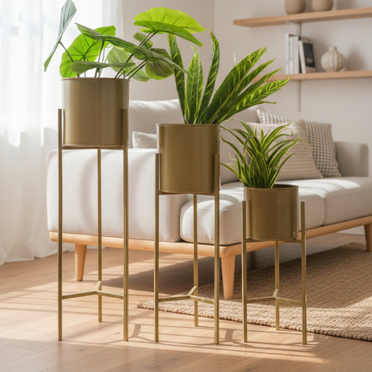 Set of 3 Modern Cylindrical Planters on Stands