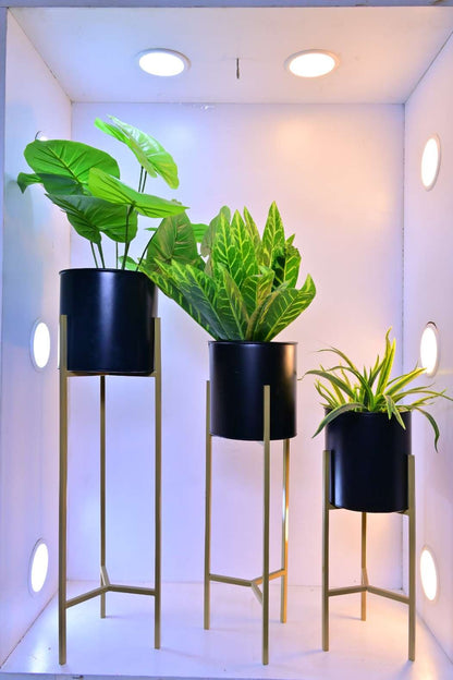 Set of 3 Modern Cylindrical Planters on Metal Stands – 18.11″, 23.23″, 28.35″