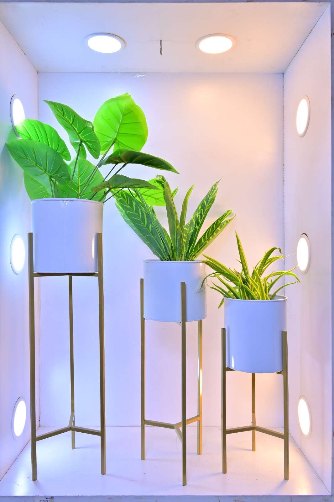 Set of 3 Modern Cylindrical Planters on Metal Stands – 18.11″, 23.23″, 28.35″