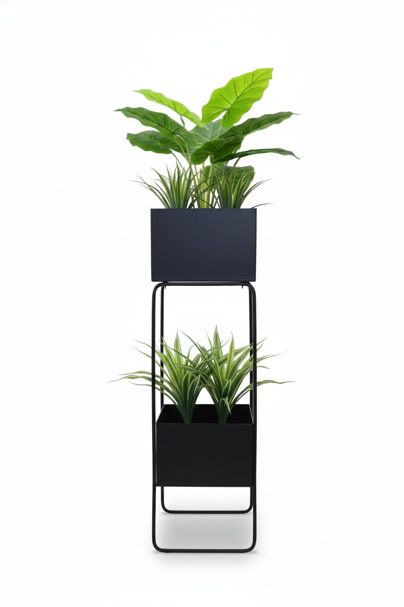 Two-Tier Metal Plant Stand with Rectangular Planters – 27.56 Inch Stylish Display