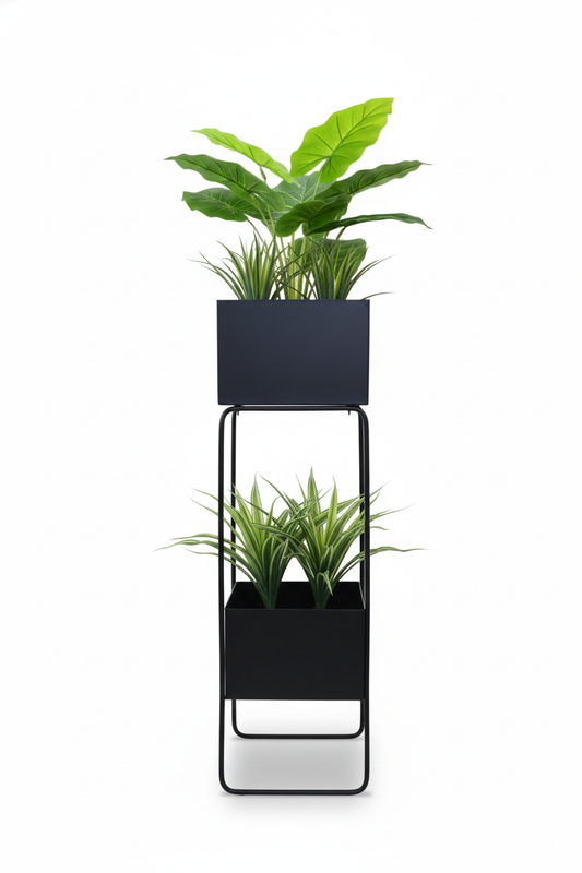 Two-Tier Metal Plant Stand with Rectangular Planters – 27.56 Inch Stylish Display