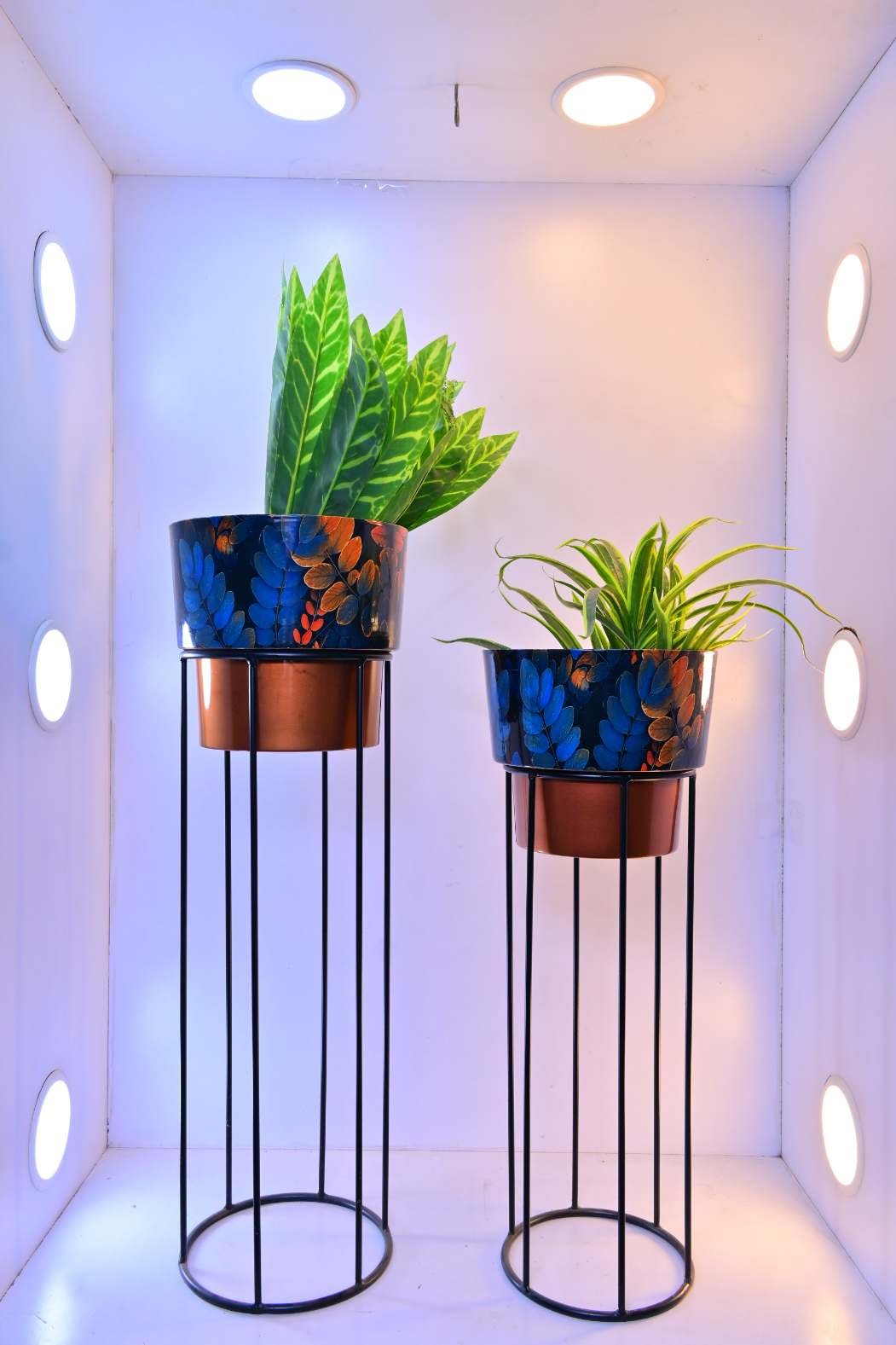 Metal Plant Stands with Patterned Pots – Set of 2 Tall Indoor Planters