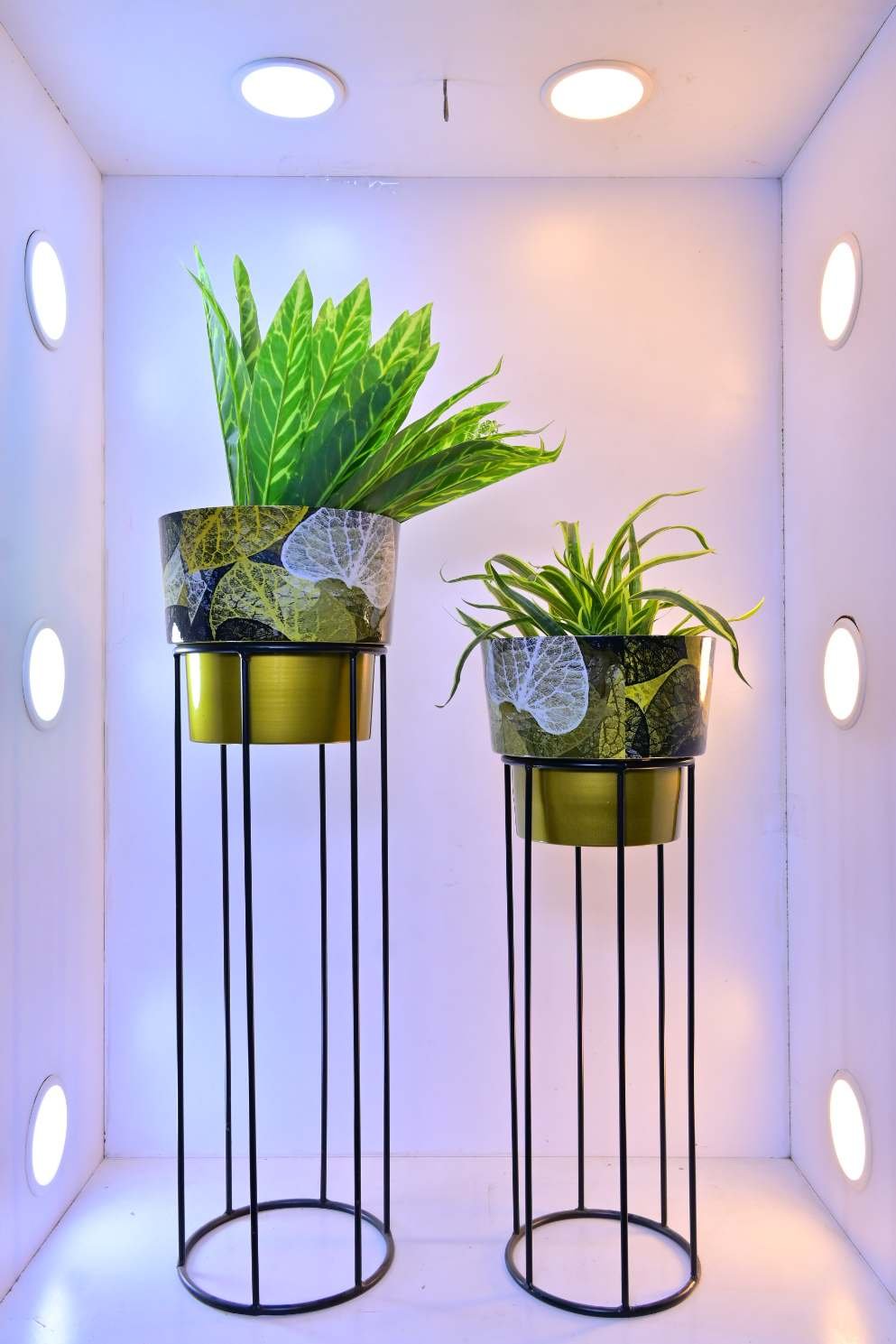 Metal Plant Stands with Patterned Pots – Set of 2 Tall Indoor Planters