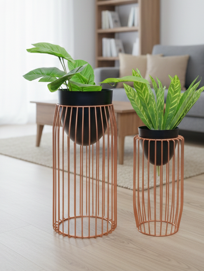 Two wire plant stands with potted plants in a living room setting.