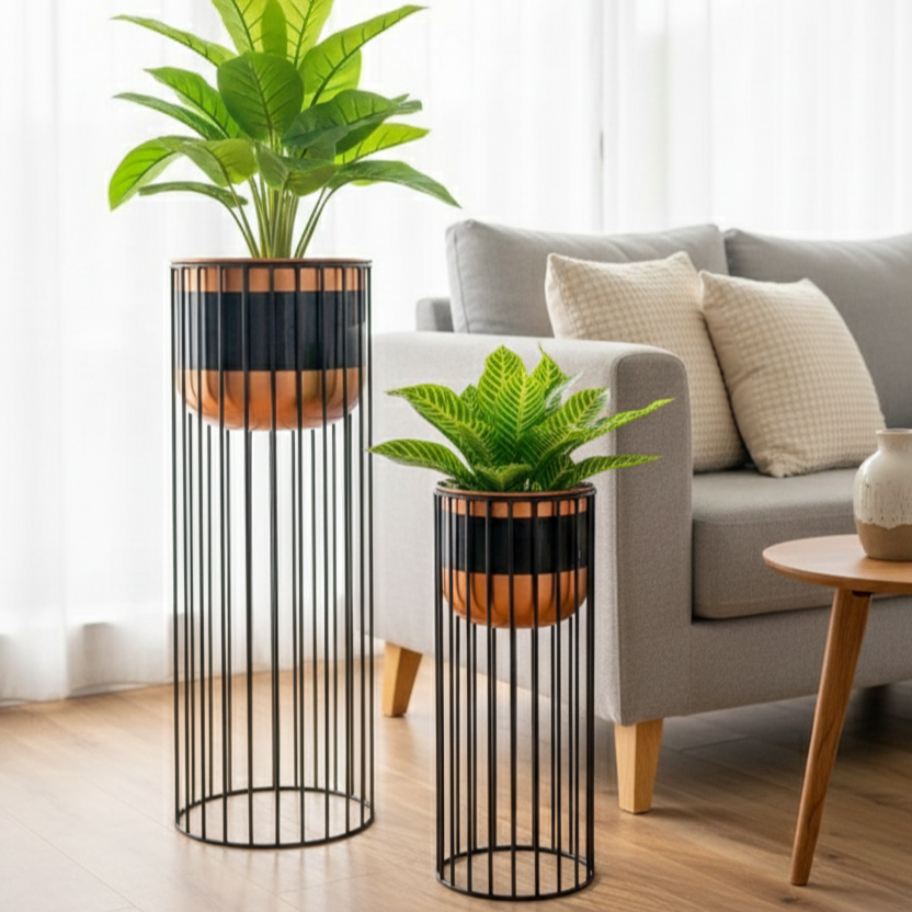 Modern Tiered Plant Stands with Cylindrical Planters Set of 2