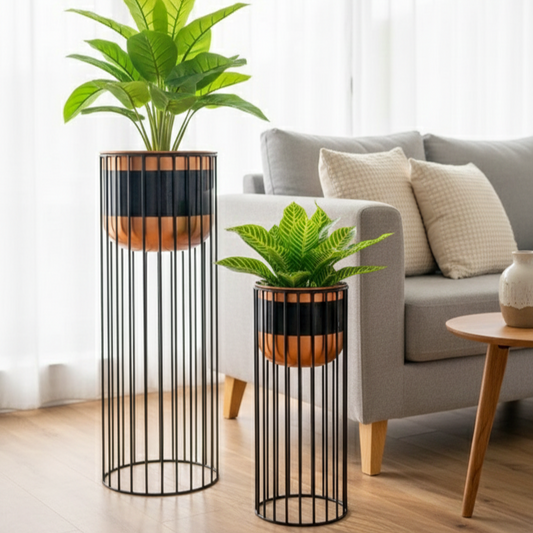 Modern Tiered Plant Stands with Cylindrical Planters Set of 2