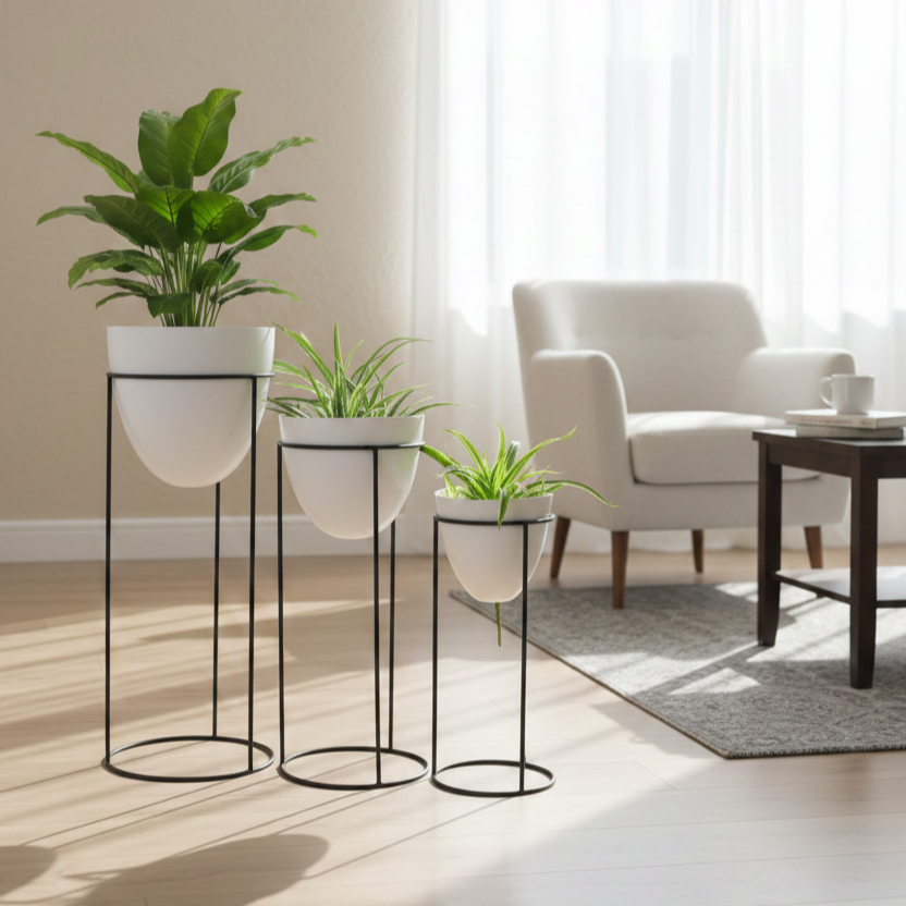 Modern living room with white armchair, coffee table, and decorative plants on black stands.