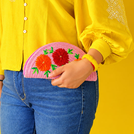 Handcrafted Ethnic Embroidered Pouch Clutch Pink