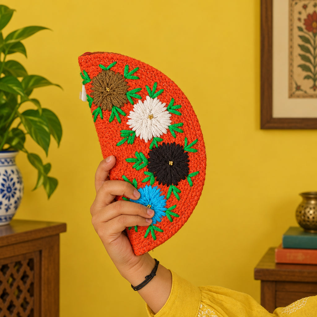 Handcrafted Ethnic Embroidered Pouch Clutch Orange