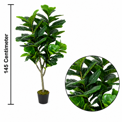 Artificial potted plant with a measurement indicator showing 145 centimeters, and a close-up of the leaves.