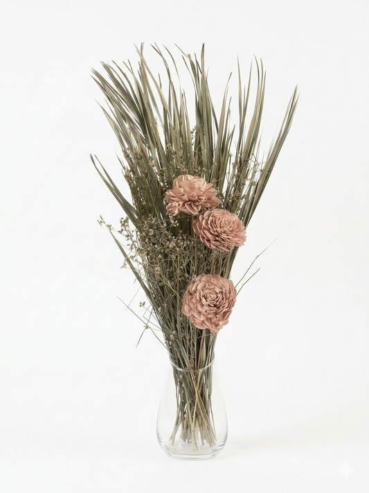 Old Pink Sola Wood Rose Bouquet with Dried Reed Grass & Filler Stems