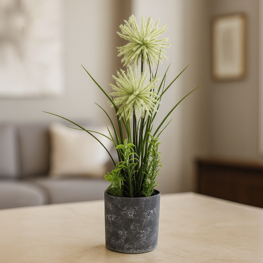 Artificial Allium Starburst Flower in Rustic Pot