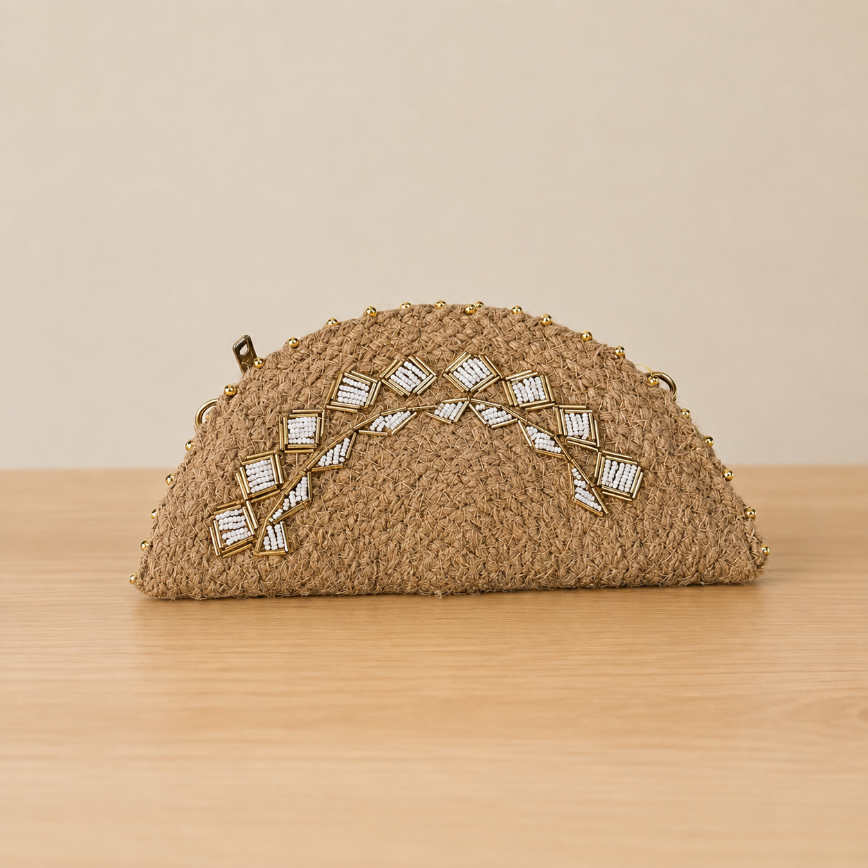 Embroidered Half-Moon Jute Clutch Bag