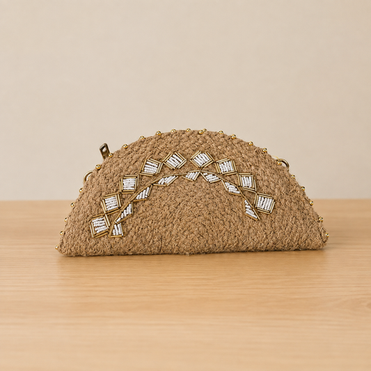 Embroidered Half-Moon Jute Clutch Bag square crystals