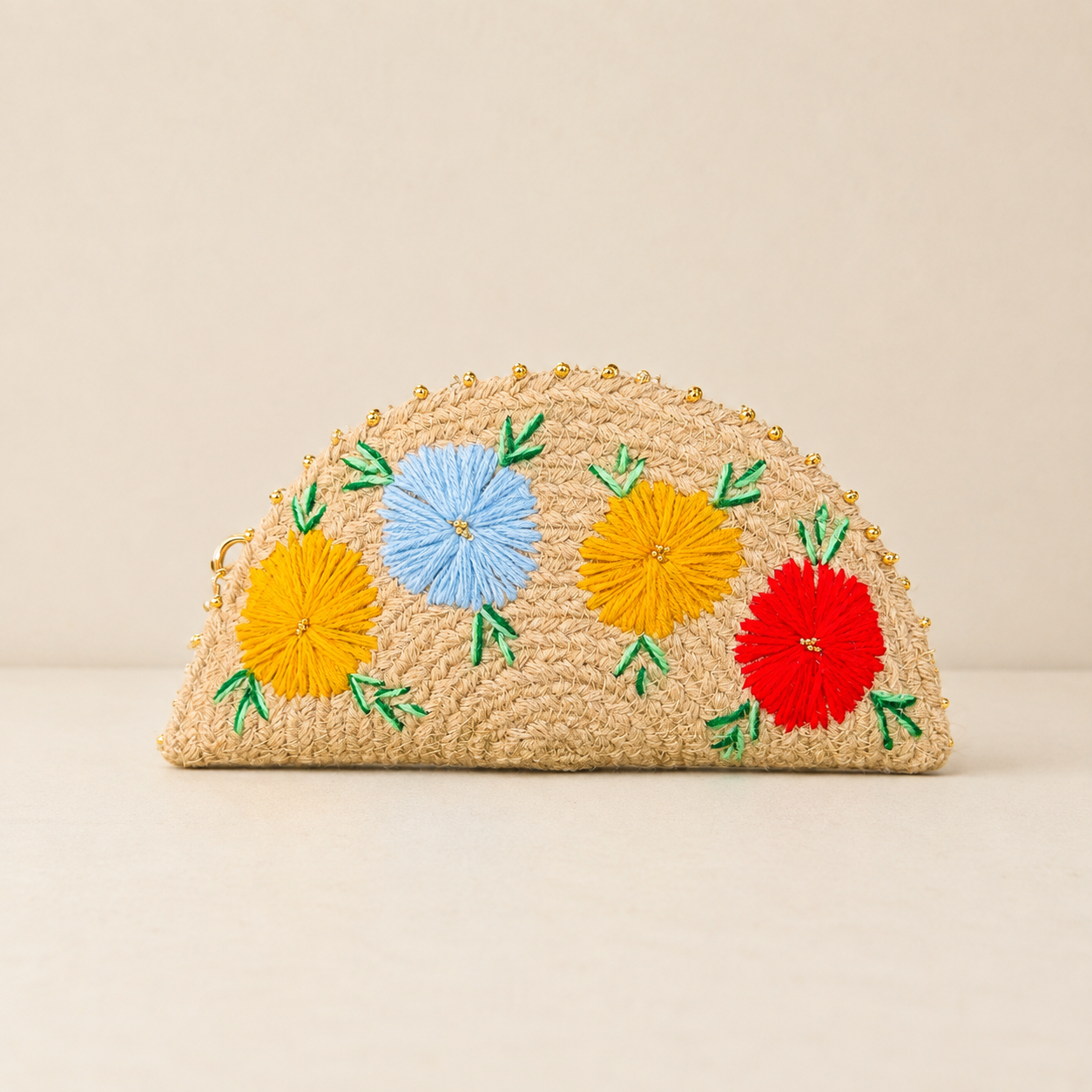Embroidered Half-Moon Jute Clutch Bag