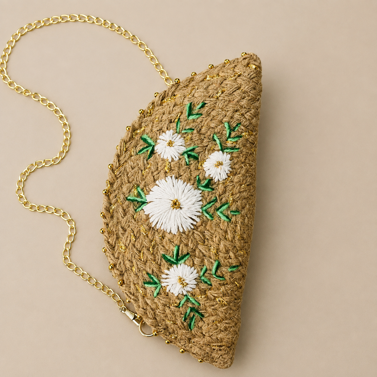 Embroidered Half-Moon Jute Clutch Bag