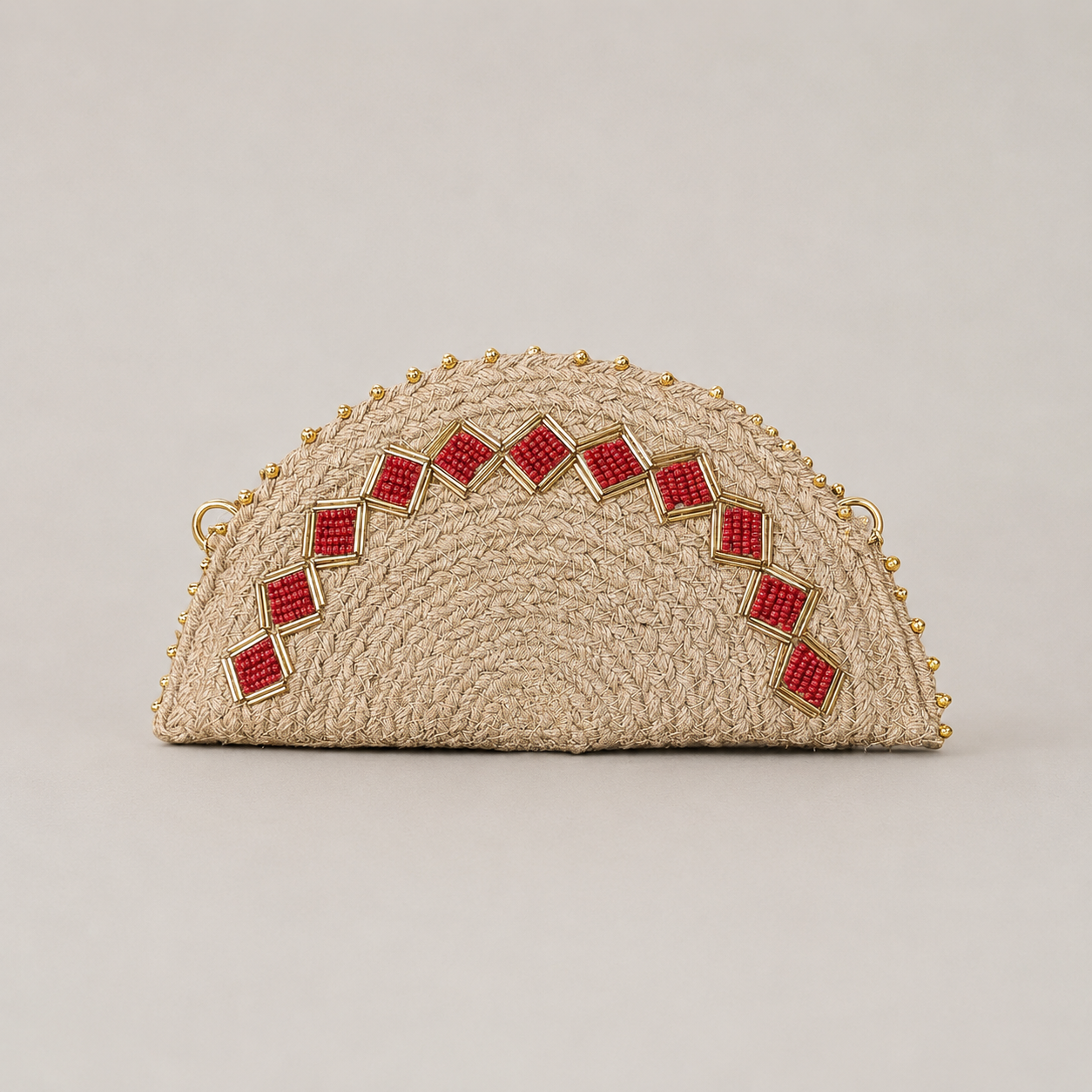 Embroidered Half-Moon Jute Clutch Bag