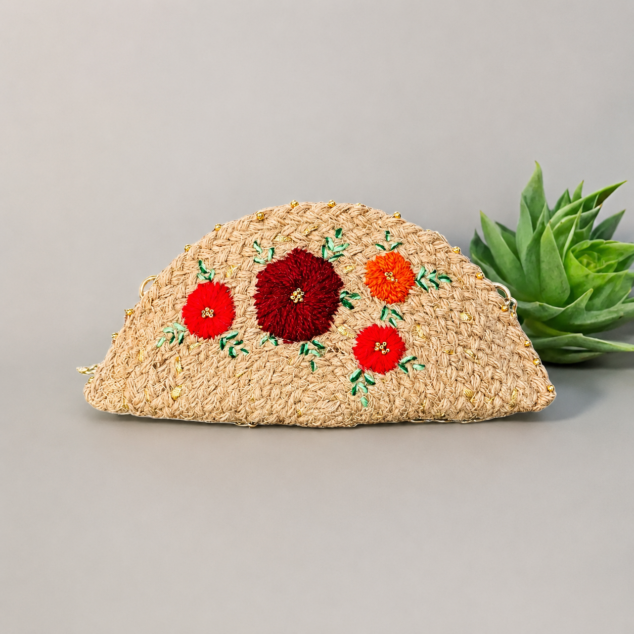 Embroidered Half-Moon Jute Clutch Bag