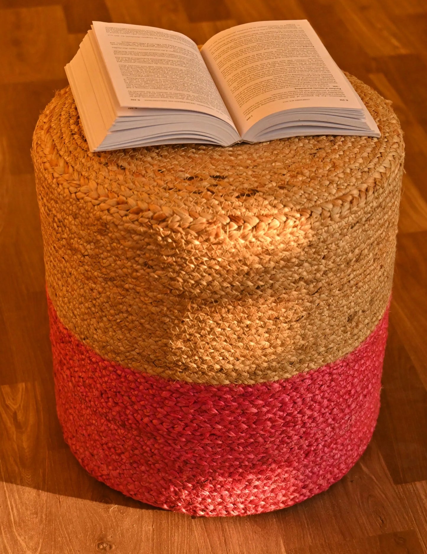 Handcrafted Beige & Pink Jute Ottoman Pouffe