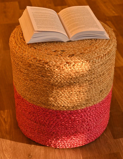 Handcrafted Beige & Pink Jute Ottoman Pouffe