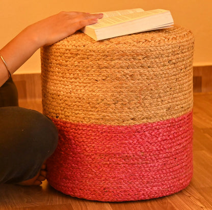 Handcrafted Beige & Pink Jute Ottoman Pouffe