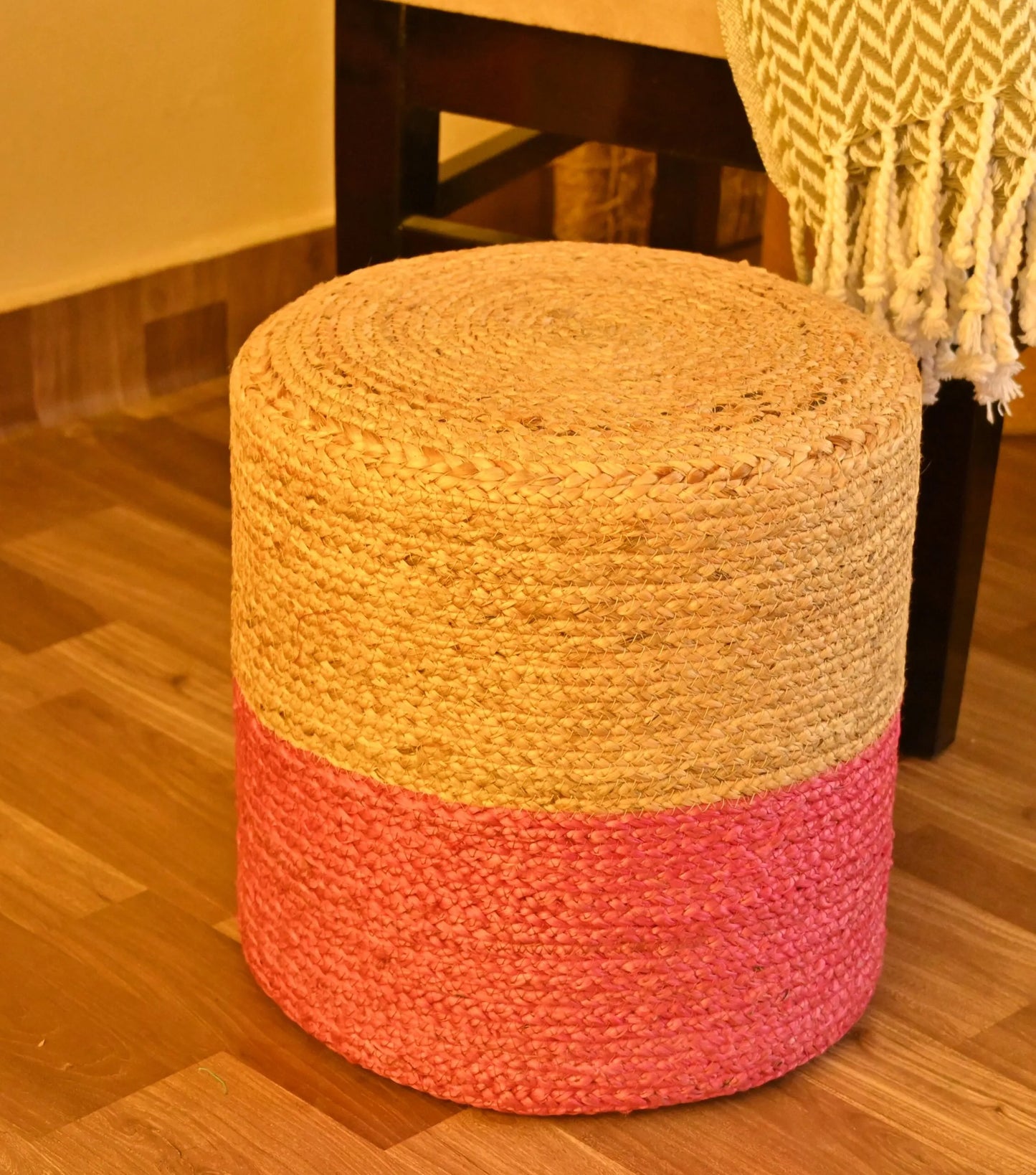 Handcrafted Beige & Pink Jute Ottoman Pouffe