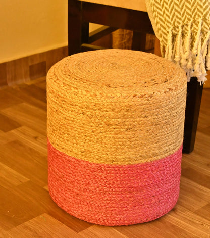 Handcrafted Beige & Pink Jute Ottoman Pouffe