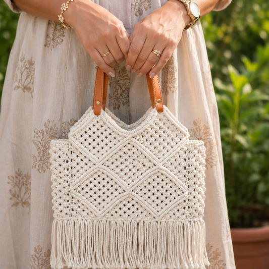 Handcrafted Cotton Macrame Boho Tote Bag with Leather