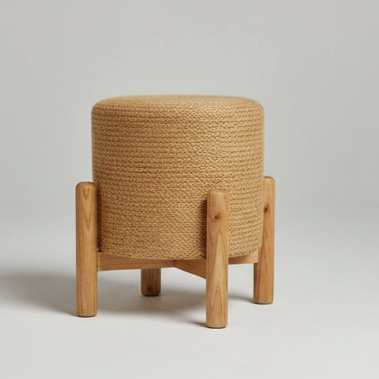 Handcrafted Jute Pouffe with Wooden Legs