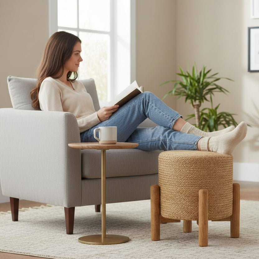 Handcrafted Jute Pouffe with Wooden Legs
