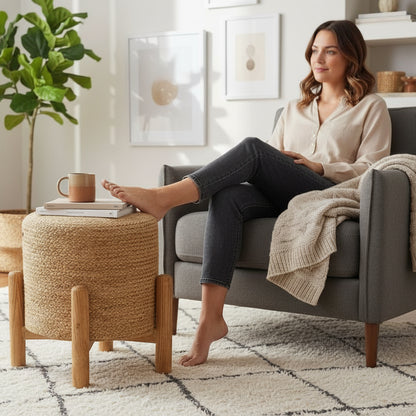 Handcrafted Jute Pouffe with Wooden Legs