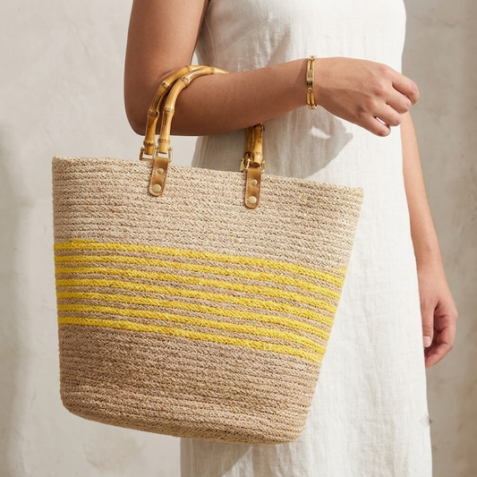 Handcrafted Multicolor Cotton Crochet Tote with Bamboo Handles