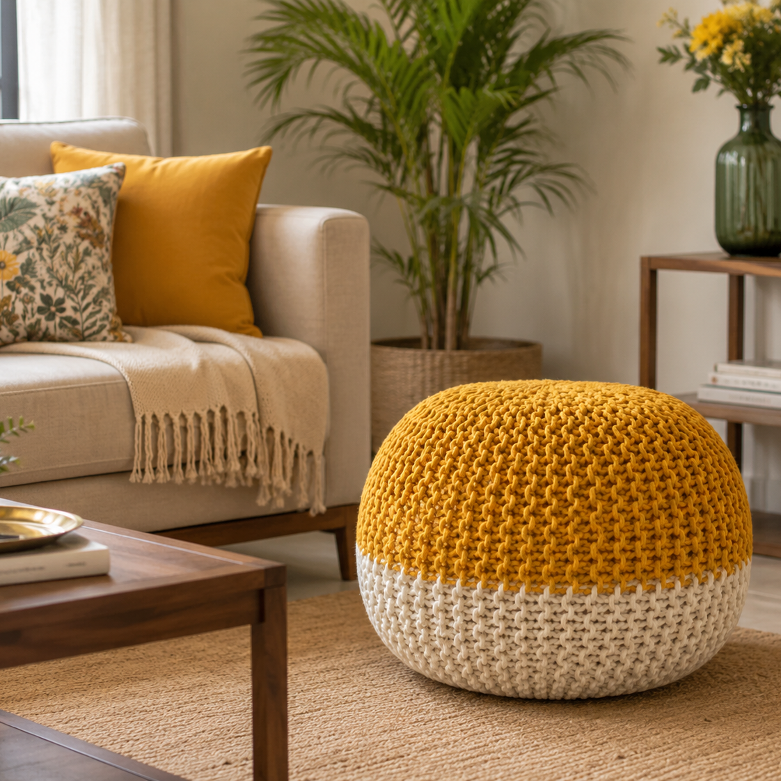 Handcrafted Wide Round Hand-Knitted Cotton Ottoman Pouf