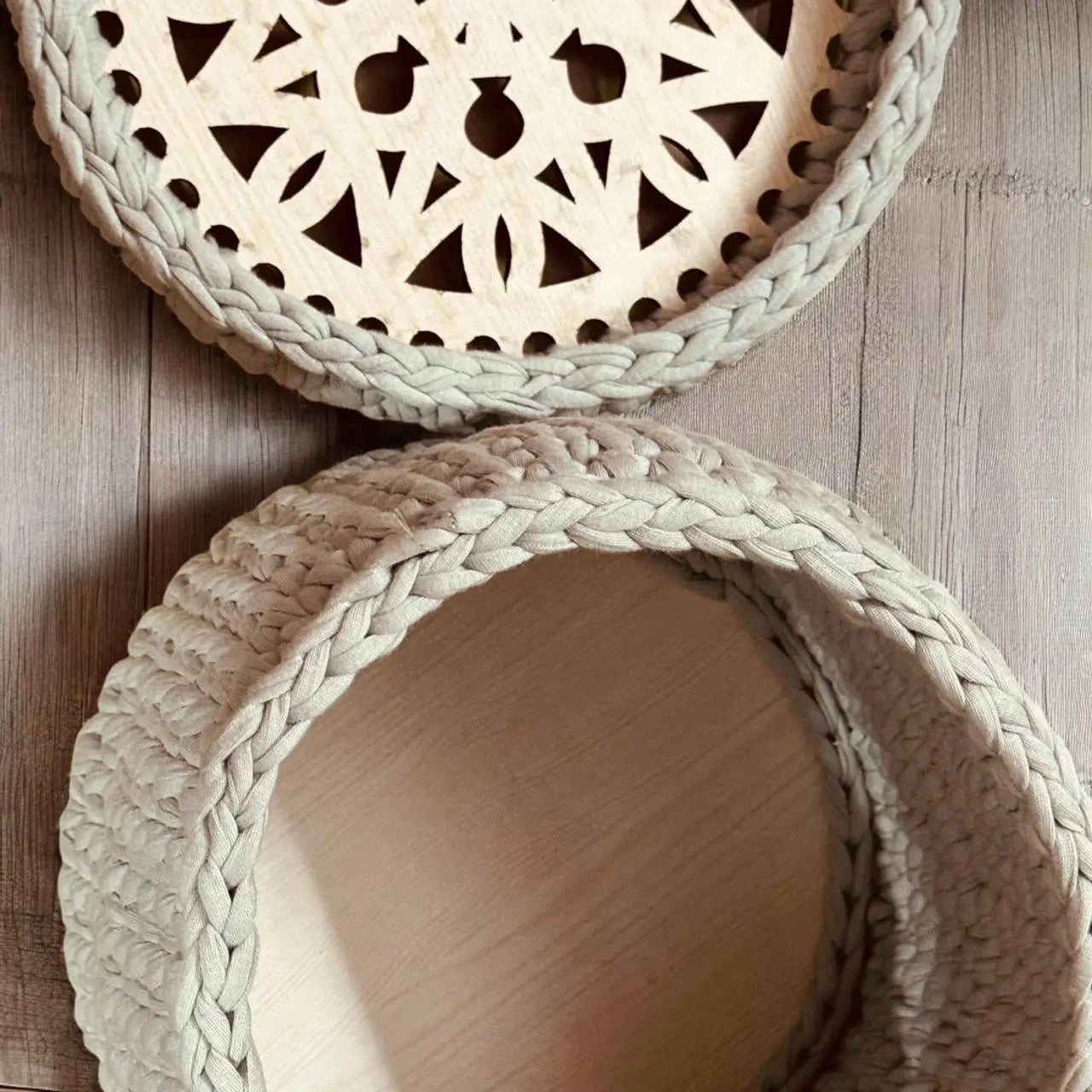 Hand-Knitted Multipurpose Basket with Designer Wooden Lid