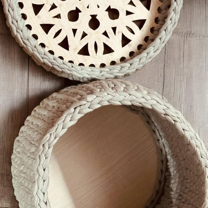 Hand-Knitted Multipurpose Basket with Designer Wooden Lid