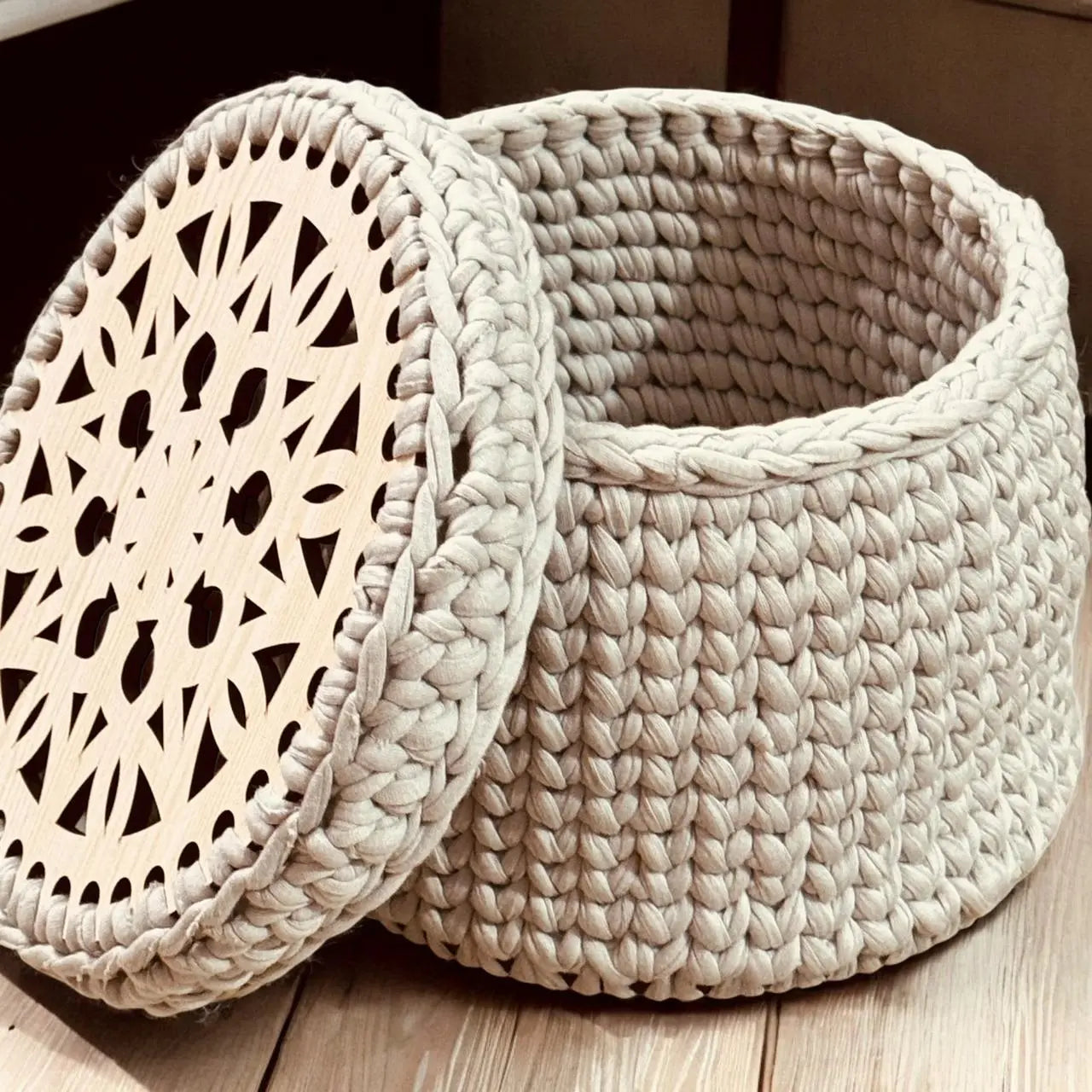 Hand-Knitted Multipurpose Basket with Designer Wooden Lid