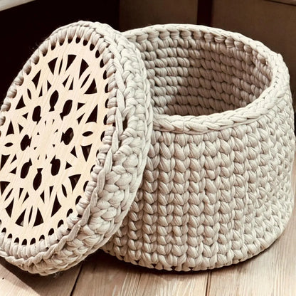 Hand-Knitted Multipurpose Basket with Designer Wooden Lid