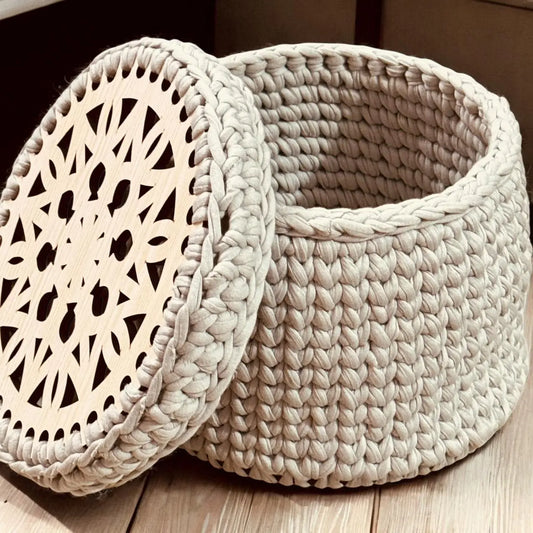 Hand-Knitted Multipurpose Basket with Designer Wooden Lid