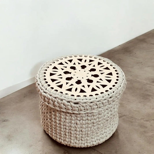 Hand-Knitted Multipurpose Basket with Designer Wooden Lid