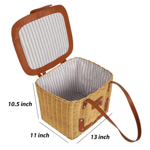 Handmade Wicker Picnic & Storage Basket with Lid & Shoulder Strap