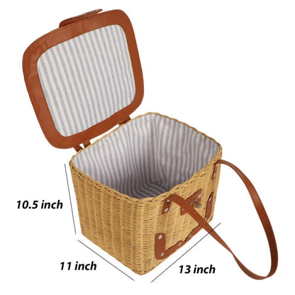 Handmade Wicker Picnic & Storage Basket with Lid & Shoulder Strap