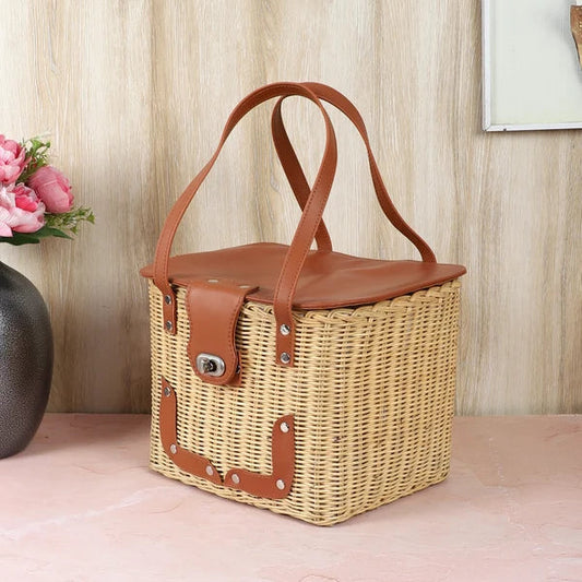 Handmade Wicker Picnic & Storage Basket with Lid & Shoulder Strap