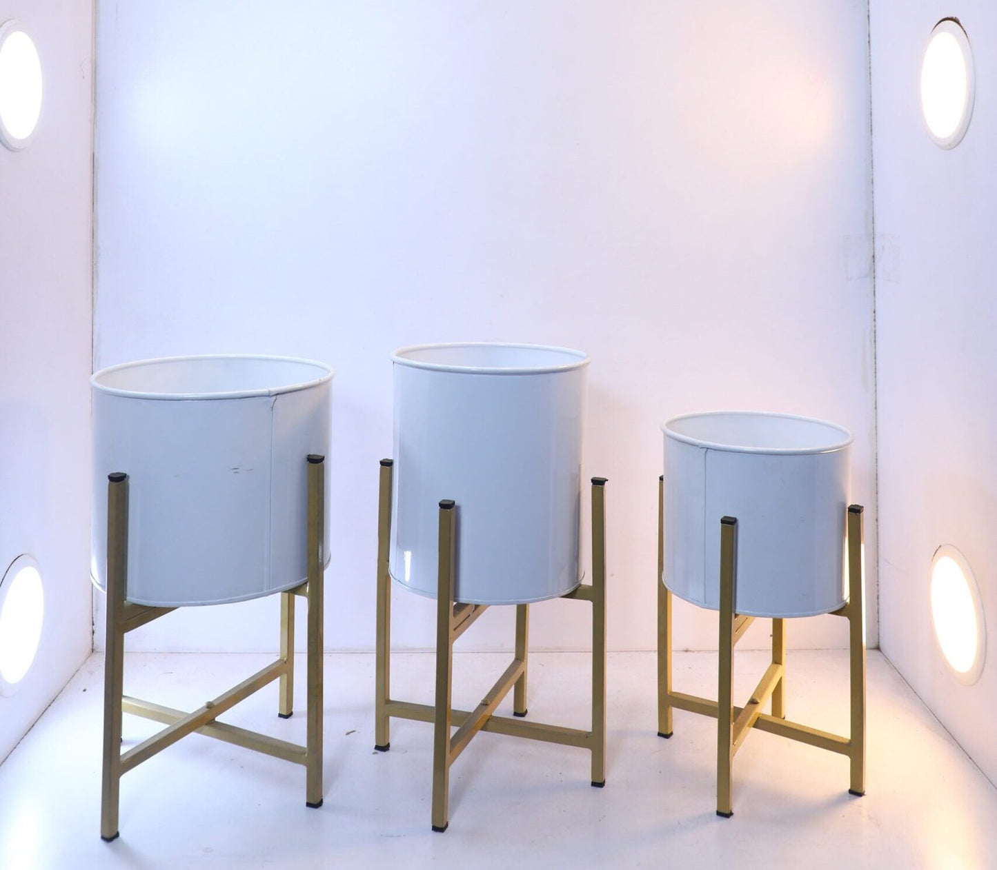 Set of 3 Modern Gold Cylinder Planters on Tiered Metal Stands