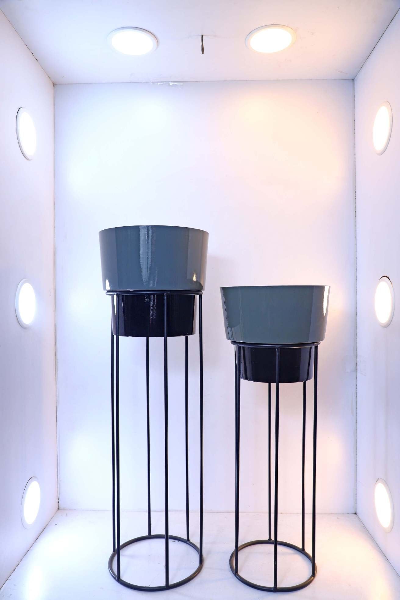 Cylindrical Planters on Tall Metal Stands – Set of 2 Stylish Indoor Planters
