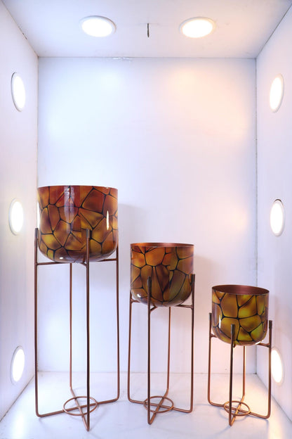 Patterned Round Plant Pots on Metal Stands (Set of 3)