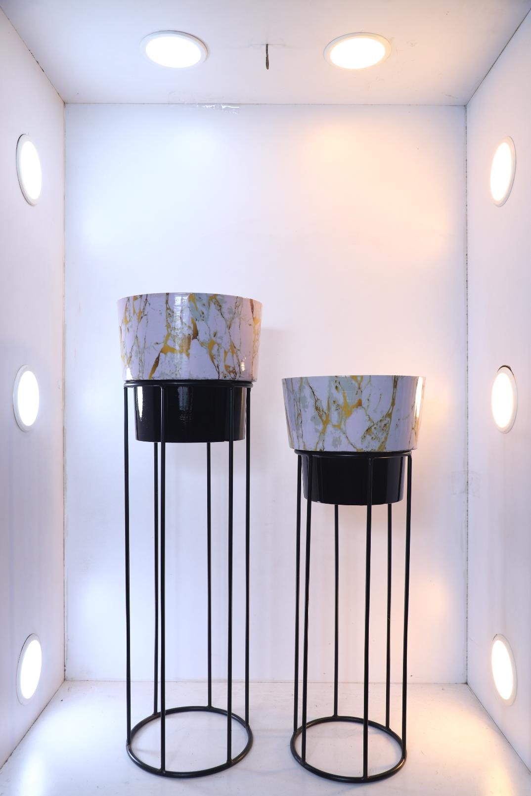 Metal Plant Stands with Patterned Pots – Set of 2 Tall Indoor Planters