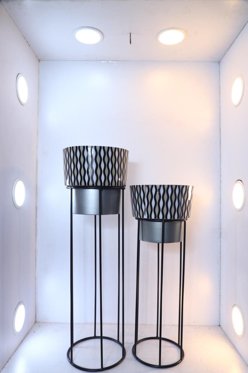 Metal Plant Stands with Patterned Pots – Set of 2 Tall Indoor Planters