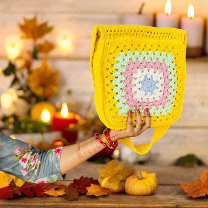 Ethnic Queen Handknitted Crochet Handbag for Women – Floral Cotton Tote with Zipper & Lining