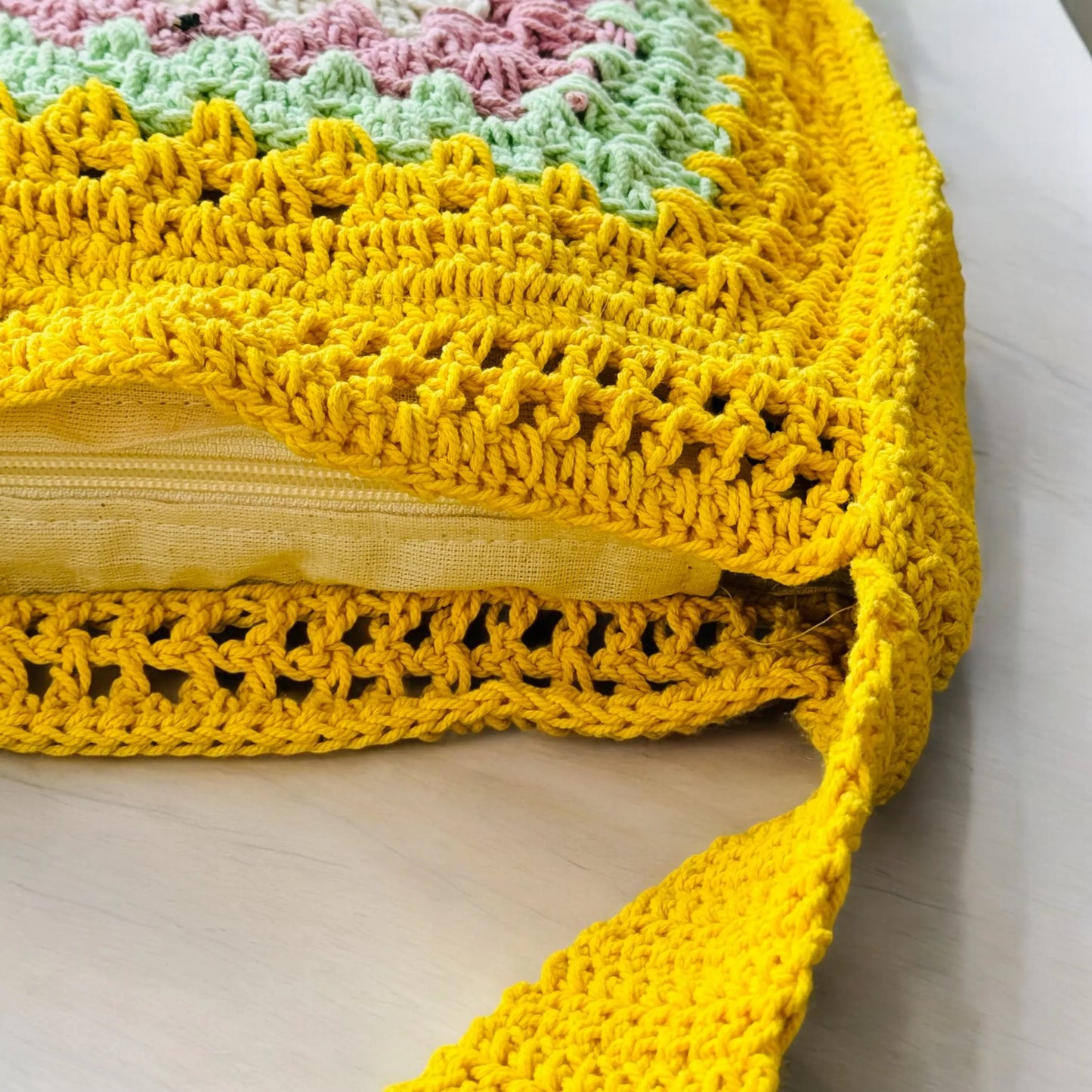 Ethnic Queen Handknitted Crochet Handbag for Women – Floral Cotton Tote with Zipper & Lining